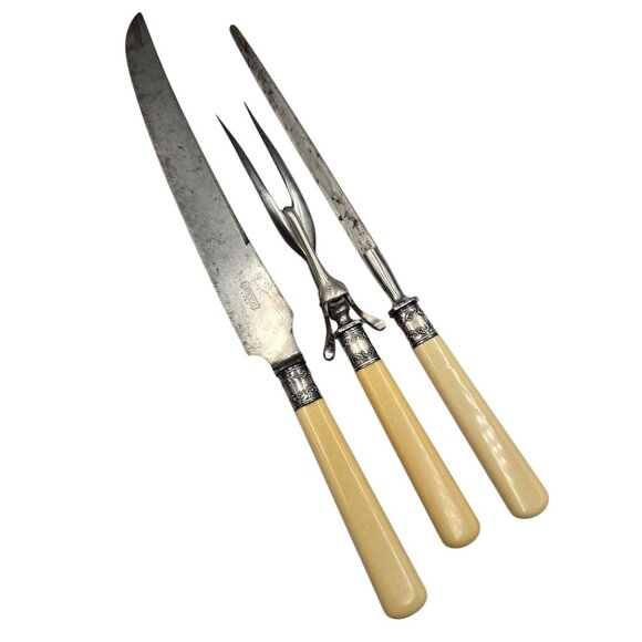 Landers Frary Clark 3 Piece Carving Set Sterling Stamped Band Vintage - Picture 11 of 13